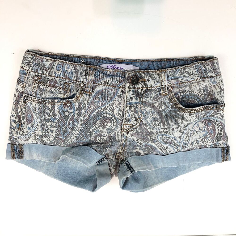 Vigoss Jeans Shorts Paisley Muted Blue Denim Cuffed Adjustable Waist Girls 12 P7